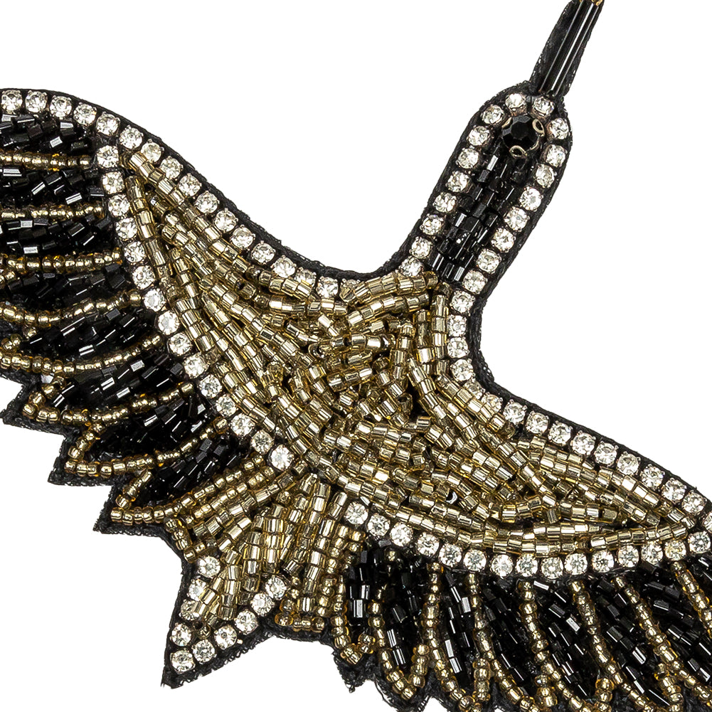 Black, Gold and Crystal Rhinestone Crane Glass Beaded Applique - 3.375" X 4.5" Detail