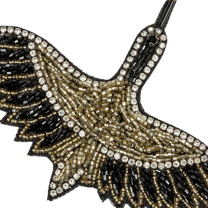 Black, Gold and Crystal Rhinestone Crane Glass Beaded Applique - 3.375" X 4.5" Detail