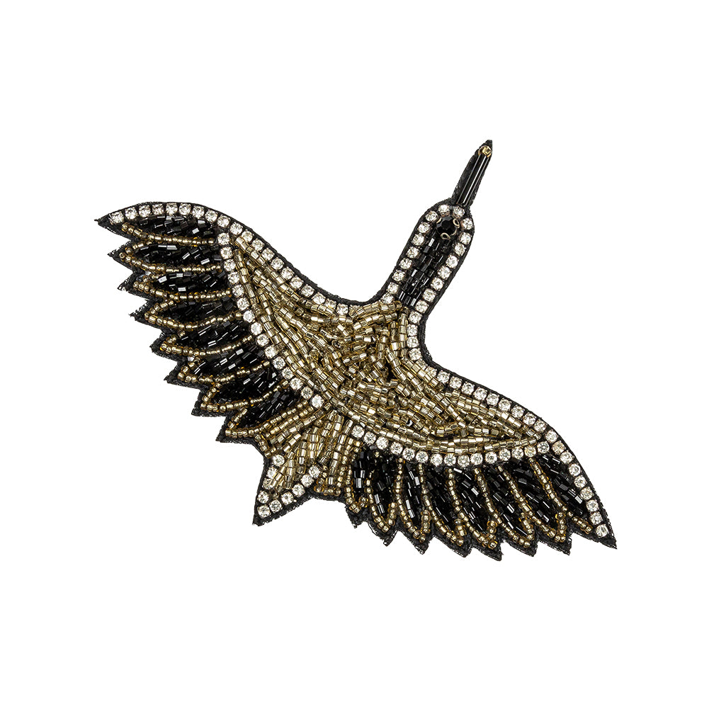 Black, Gold and Crystal Rhinestone Crane Glass Beaded Applique - 3.375" X 4.5"