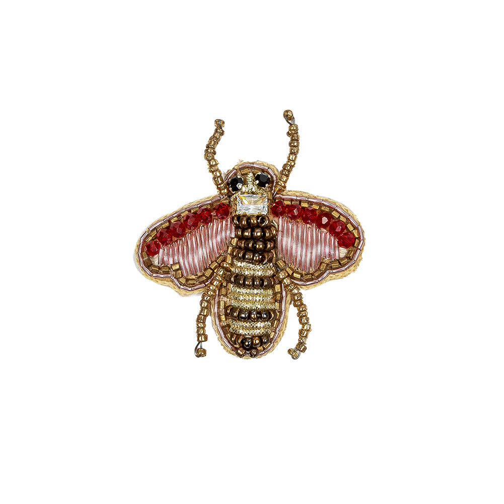 Gold and Prism Pink Bee Rhinestone and Glass Beaded Applique - 2" X 1.875"