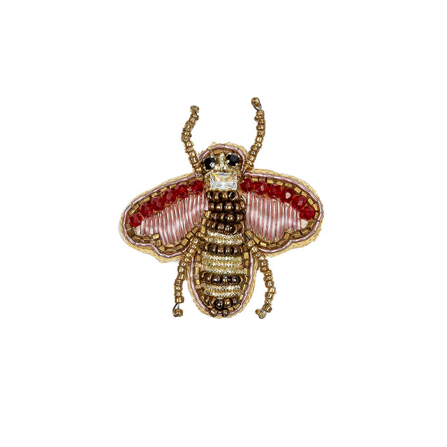 Gold and Prism Pink Bee Rhinestone and Glass Beaded Applique - 2" X 1.875"