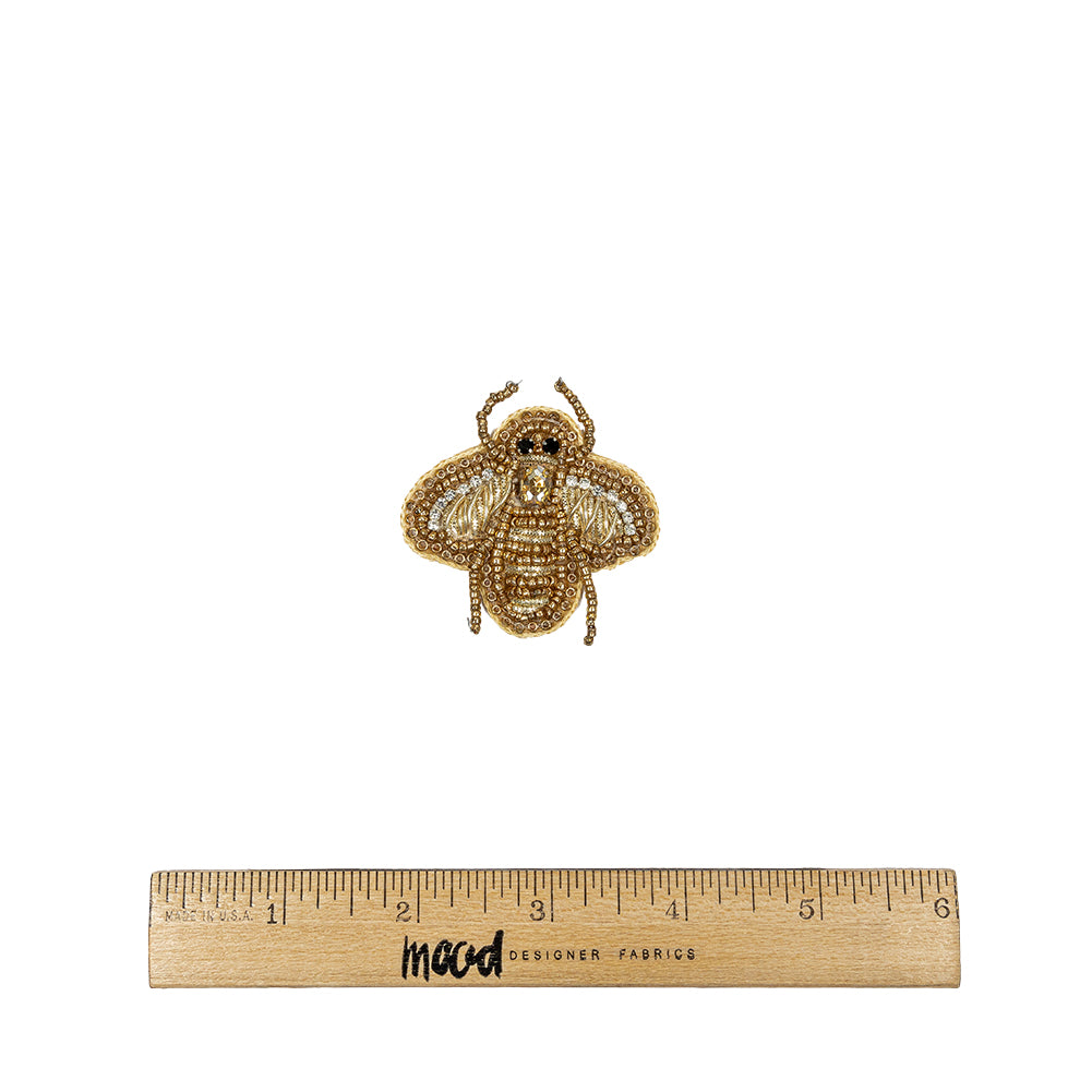 Gold Bee Rhinestone and Glass Beaded Applique - 2" X 1.875" Full