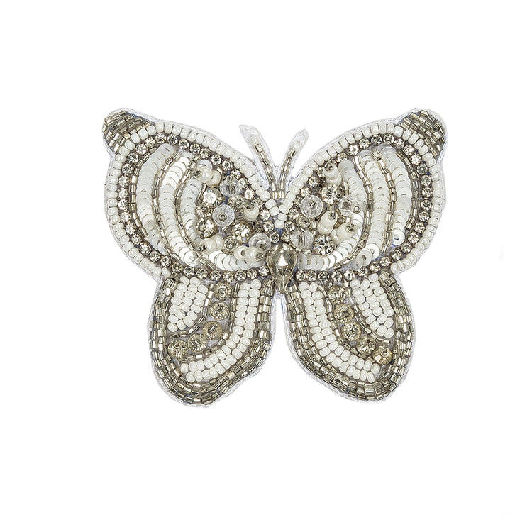 template--26688905969737__main-Silver and White Butterfly Rhinestone and Glass Beaded Applique - 2.375" X 2.75"