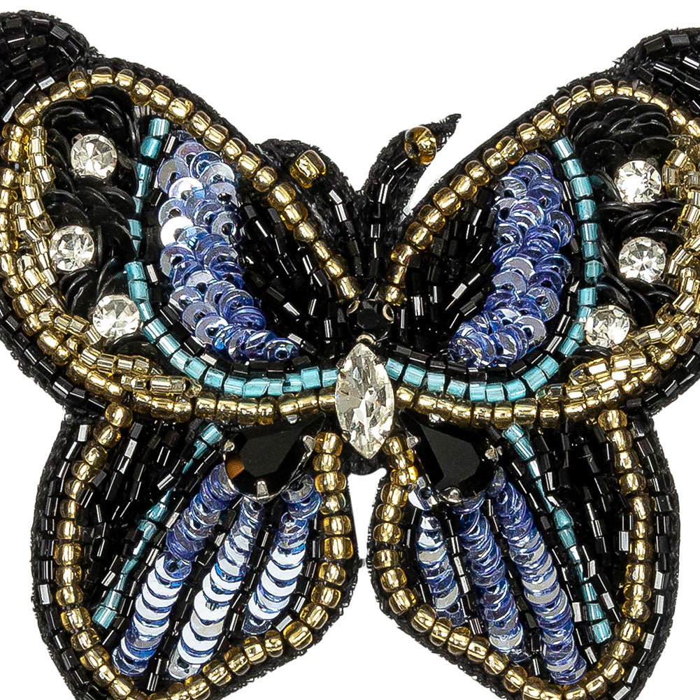Blue Radiance and Black Butterfly Rhinestone and Glass Beaded Applique - 2.5" X 2.875" Detail