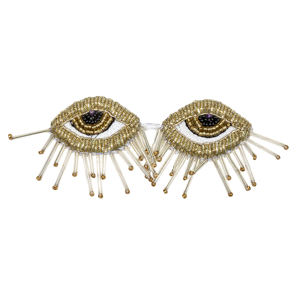 Gold, Black and White Pair of Eyes Beaded Applique - 1.875" X 3.75"