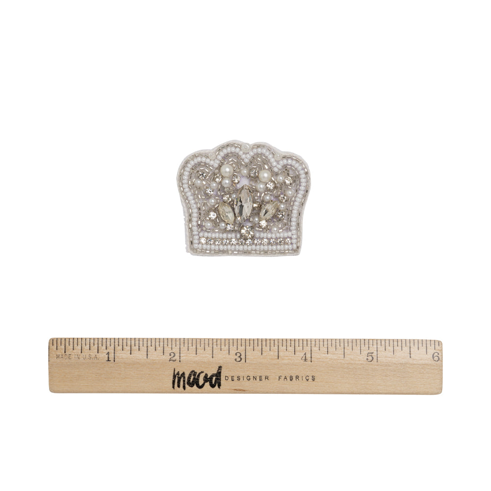 White and Silver Pearled Crown Rhinestone and Glass Beaded Applique - 1.625" X 2" Full