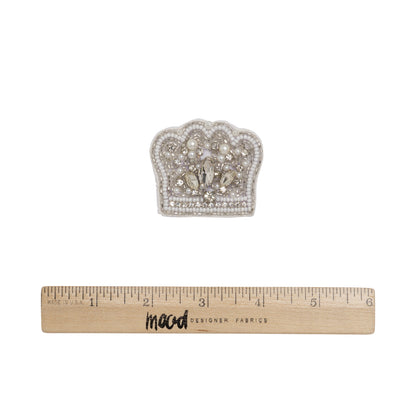 White and Silver Pearled Crown Rhinestone and Glass Beaded Applique - 1.625" X 2" Full