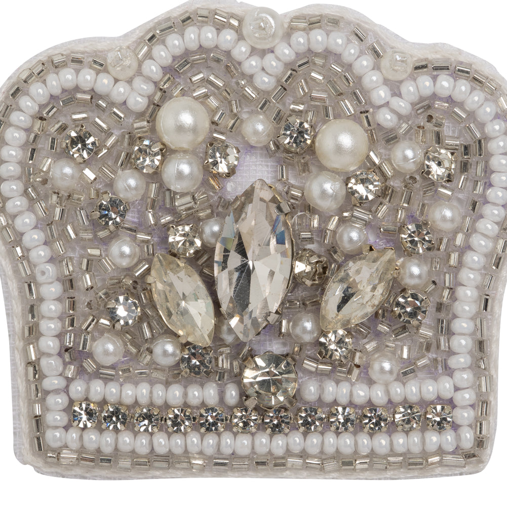 White and Silver Pearled Crown Rhinestone and Glass Beaded Applique - 1.625" X 2" Detail