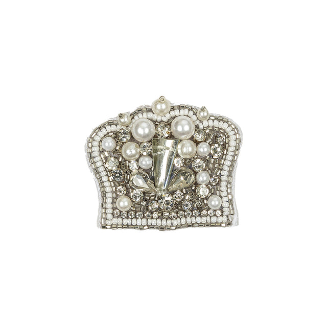 White and Silver Pearled Crown Rhinestone and Glass Beaded Applique - 1.625" X 2"