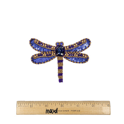 Magnetic Blue and Gold Dragonfly Rhinestone and Glass Beaded Applique - 2.75" X 4.125" Full