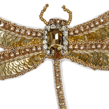 Gold and Champagne Dragonfly Rhinestone and Glass Beaded Applique - 3.25" X 4.125" Detail