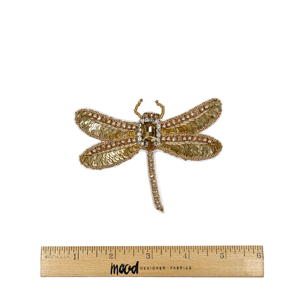 Gold and Champagne Dragonfly Rhinestone and Glass Beaded Applique - 3.25" X 4.125" Full
