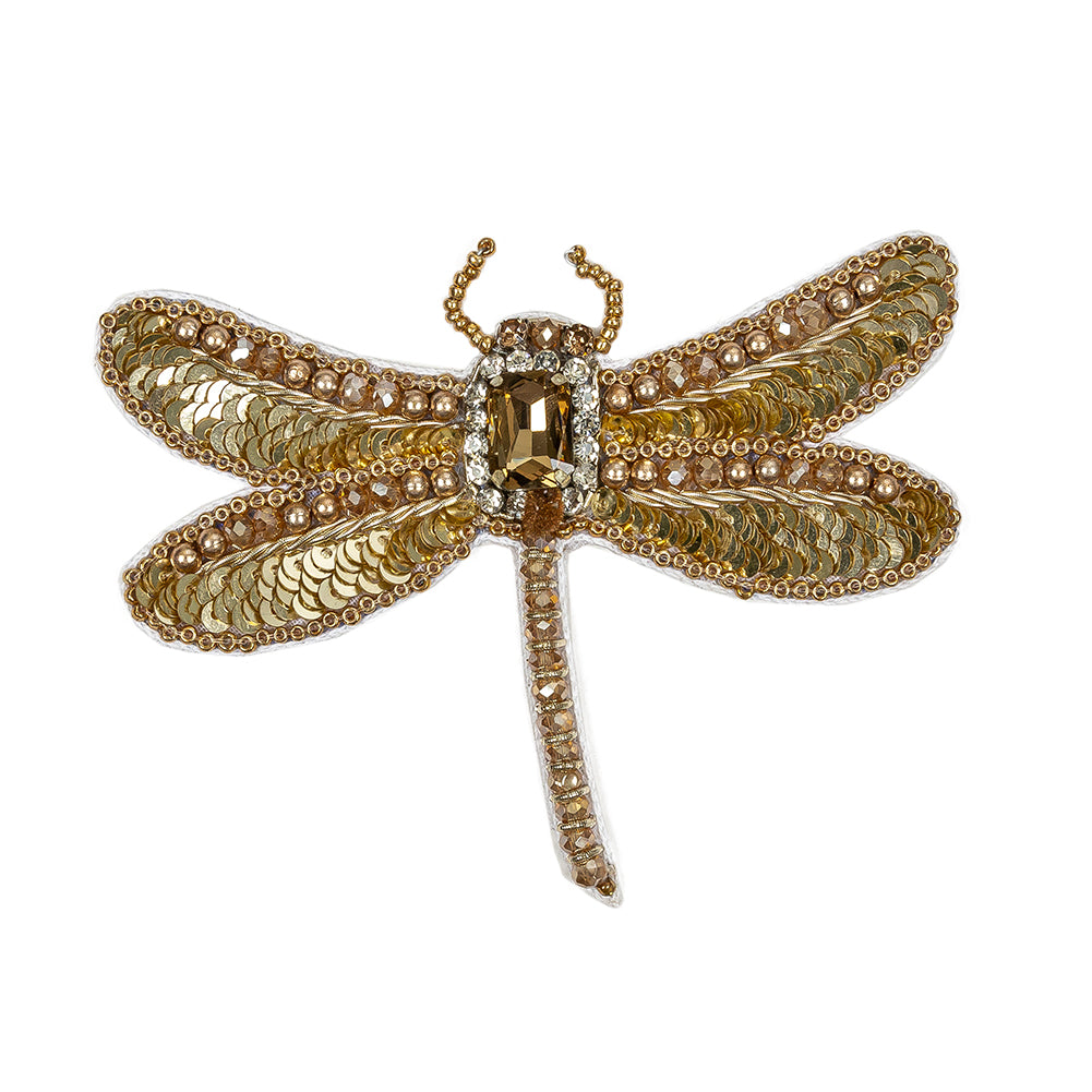 Gold and Champagne Dragonfly Rhinestone and Glass Beaded Applique - 3.25" X 4.125"
