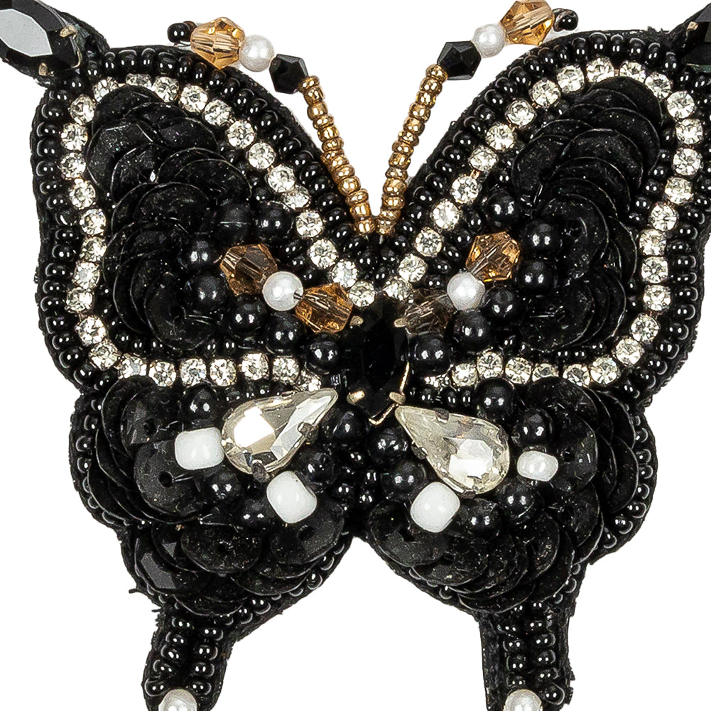Black and Gold Butterfly Rhinestone and Glass Beaded Applique - 2.5" X 2.625" Detail