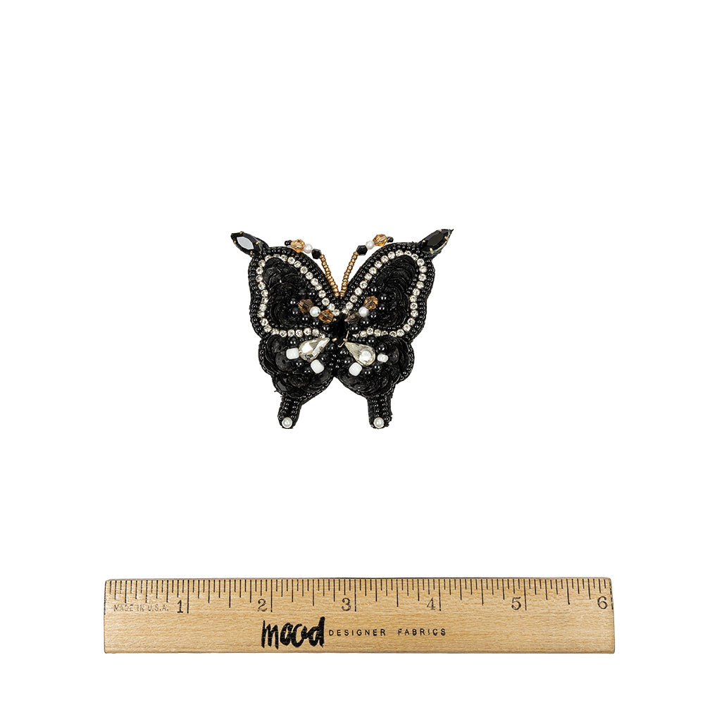 Black and Gold Butterfly Rhinestone and Glass Beaded Applique - 2.5" X 2.625" Full