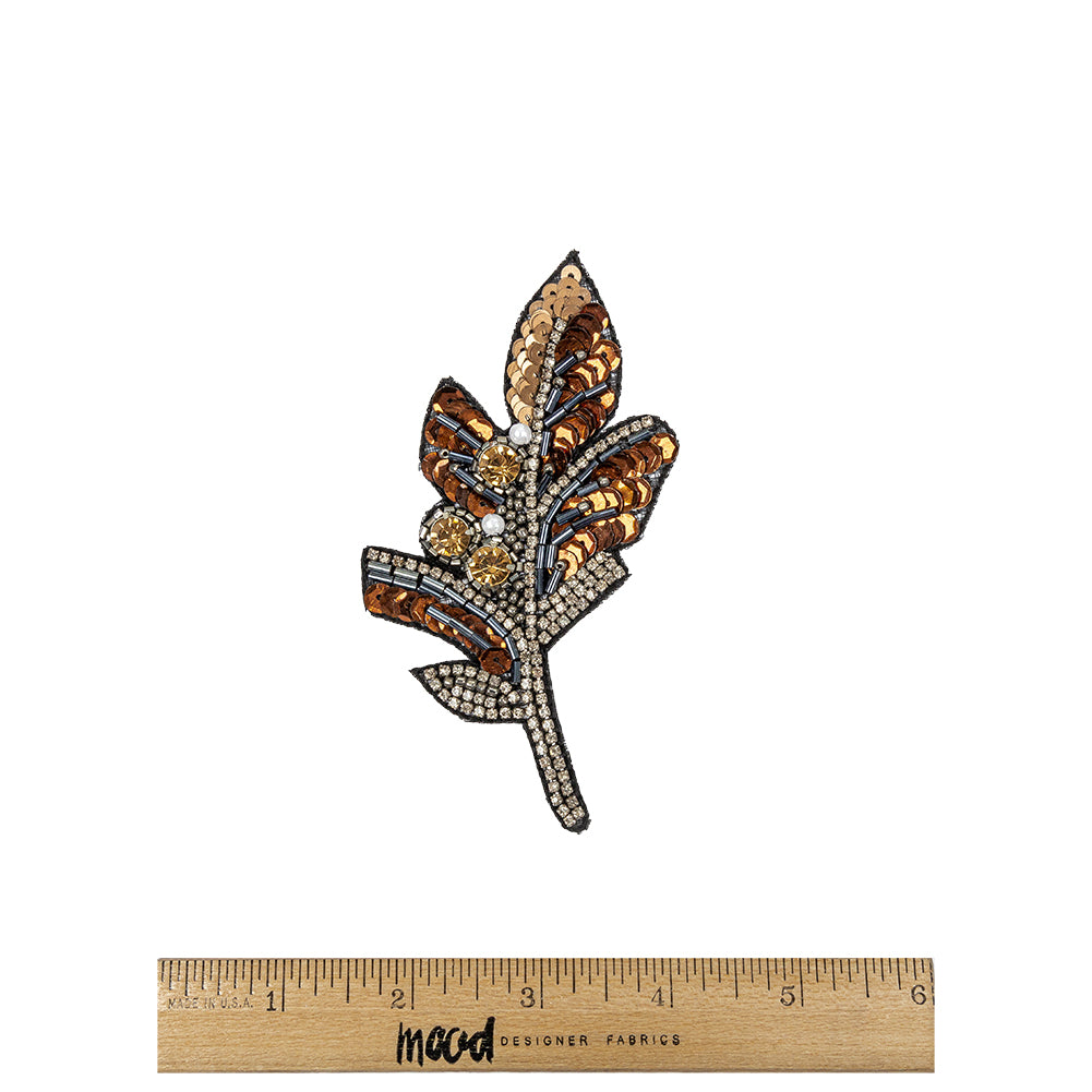 Copper and Gunmetal Leaf Rhinestone and Glass Beaded Applique - 4.5" X 2.5" Full