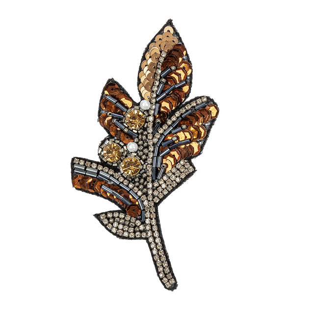 Copper and Gunmetal Leaf Rhinestone and Glass Beaded Applique - 4.5" X 2.5"
