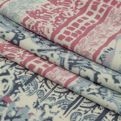 Blue Gray, Pink and White Abstract Patchwork Stretch Polyester ITY Jersey Panel Folded