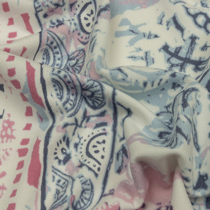 Blue Gray, Pink and White Abstract Patchwork Stretch Polyester ITY Jersey Panel Detail