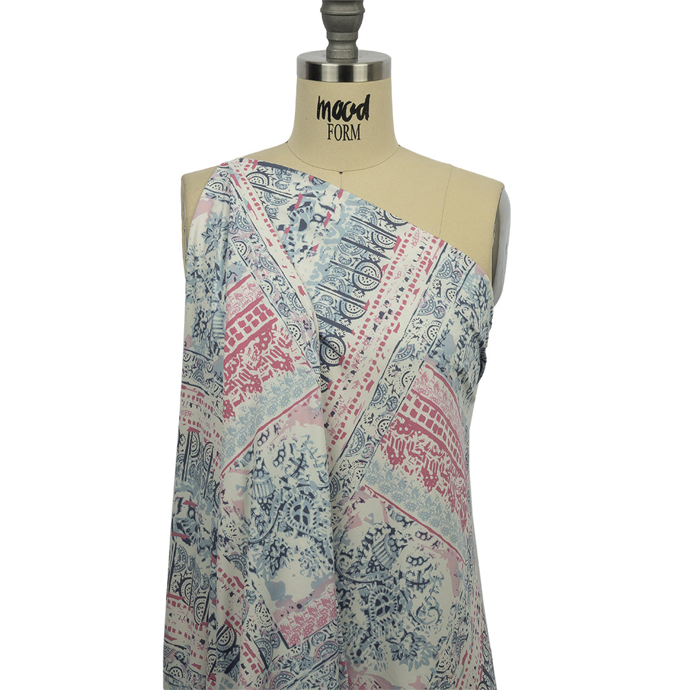 Blue Gray, Pink and White Abstract Patchwork Stretch Polyester ITY Jersey Panel Drape