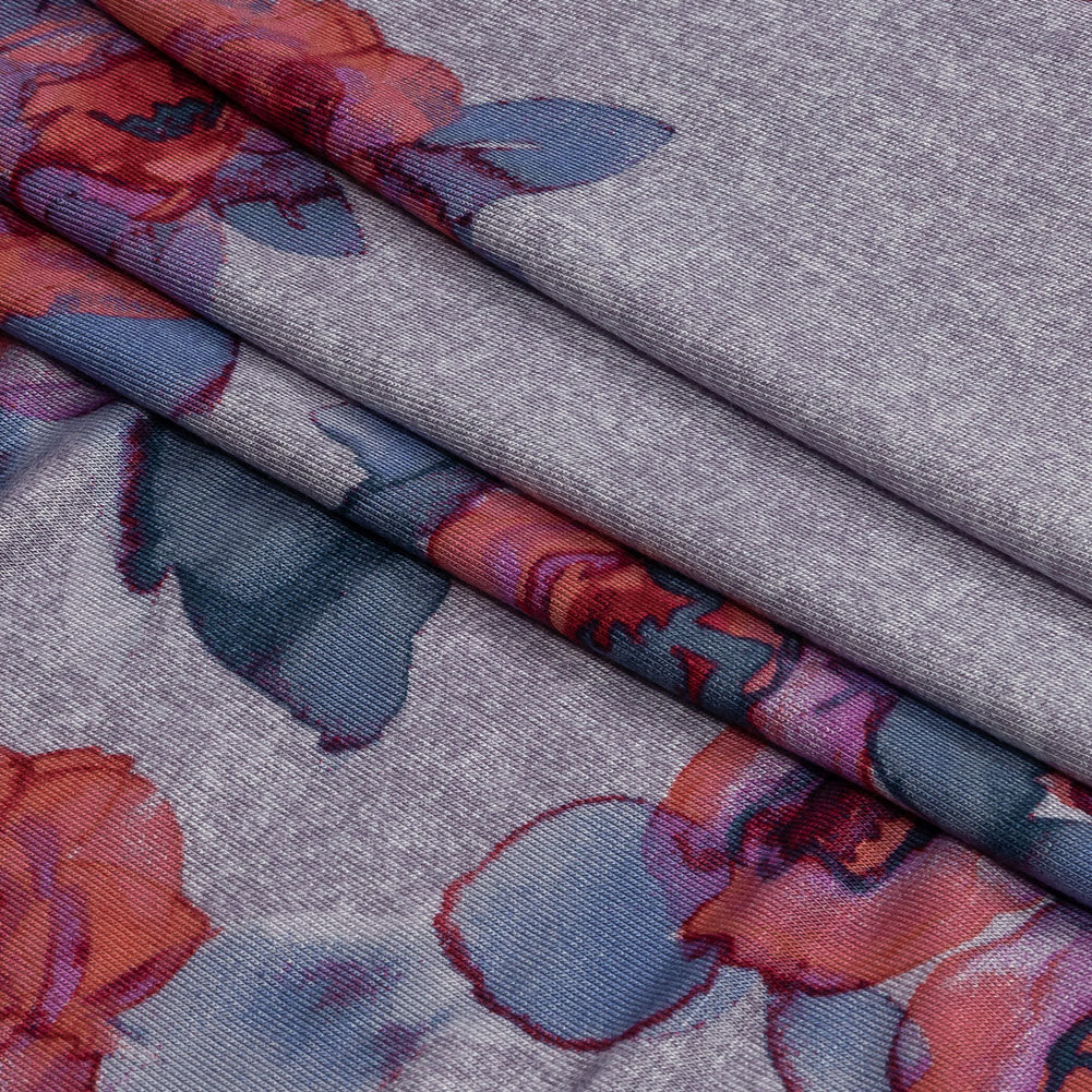 Heathered Purple, Indigo and Pink Floral Borders Stretch Rayon Jersey - Folded
