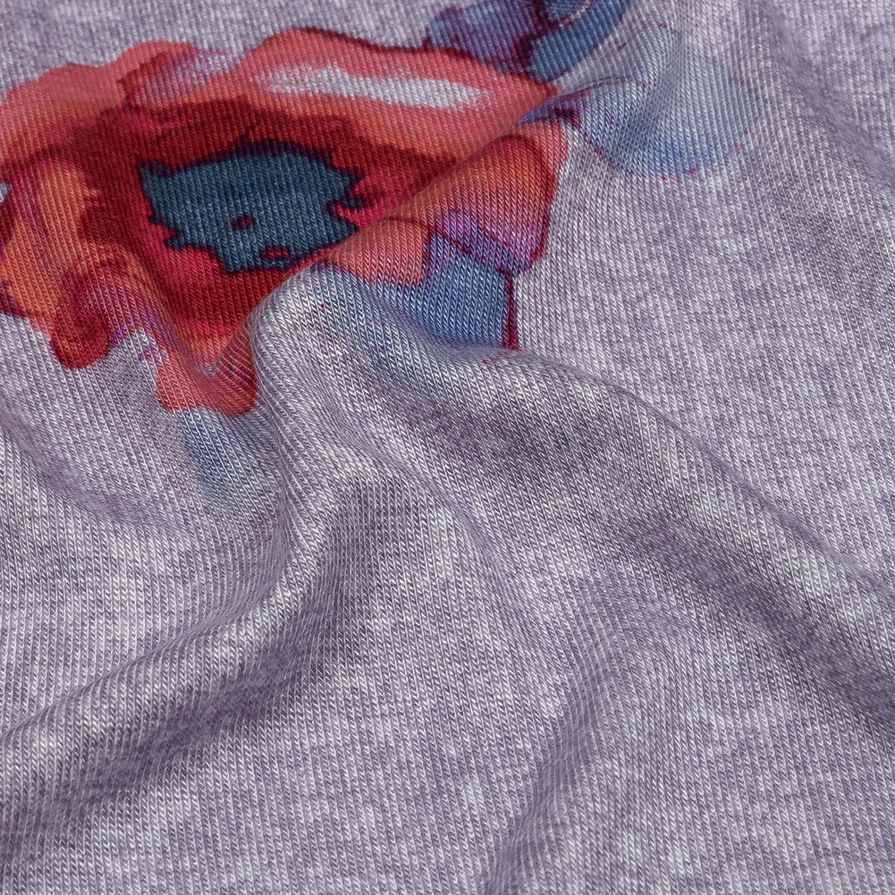 Heathered Purple, Indigo and Pink Floral Borders Stretch Rayon Jersey - Detail