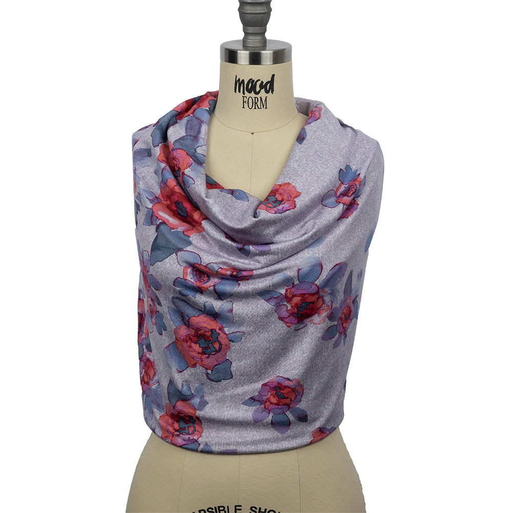 Heathered Purple, Indigo and Pink Floral Borders Stretch Rayon Jersey - Drape