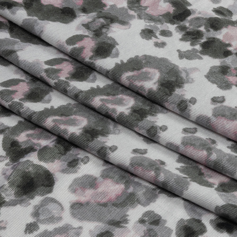 White, Gray and Pink Abstracted Floral Stretch Rayon Jersey Folded