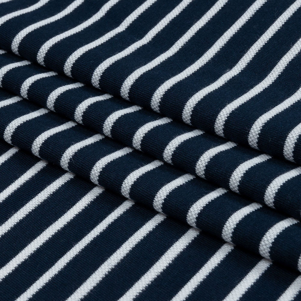 Navy and White Pique Stripes Cotton and Polyester Jacquard Knit