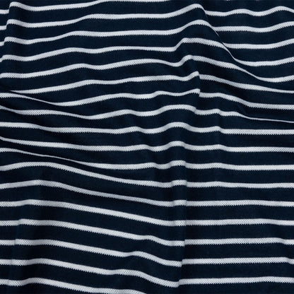 Navy and White Pique Stripes Cotton and Polyester Jacquard Knit