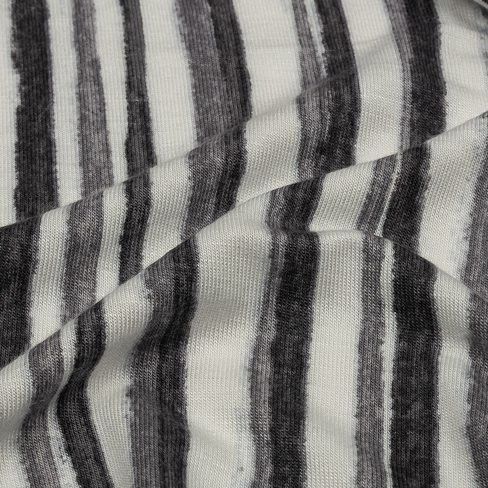 Cool Gray and Off White Painterly Stripes Stretch Rayon Jersey Detail