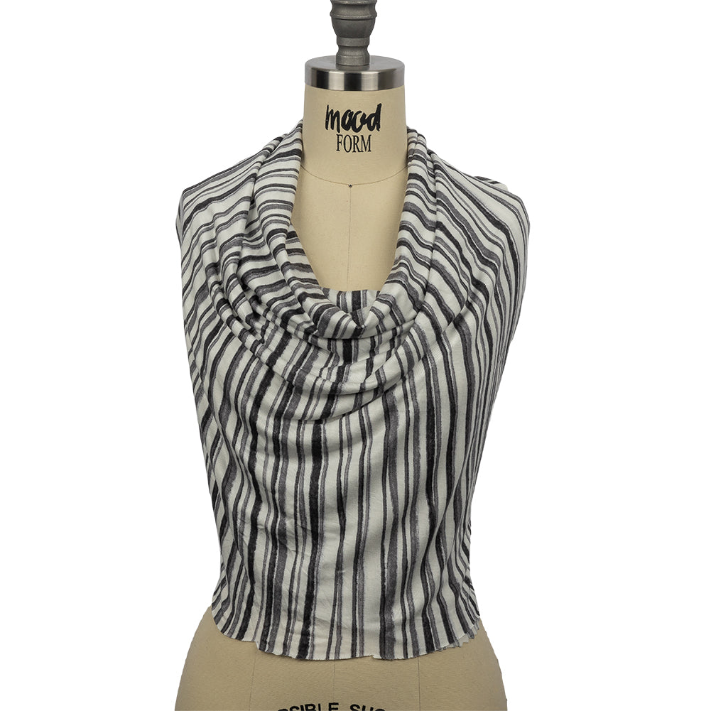 Cool Gray and Off White Painterly Stripes Stretch Rayon Jersey Drape