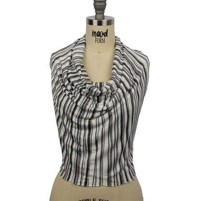 Cool Gray and Off White Painterly Stripes Stretch Rayon Jersey Drape