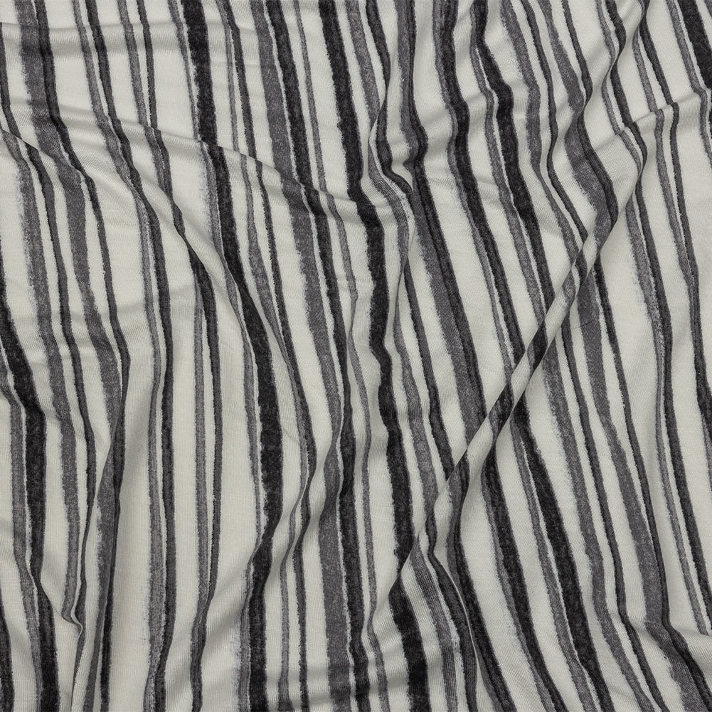 Cool Gray and Off White Painterly Stripes Stretch Rayon Jersey