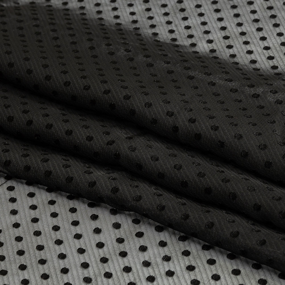 Famous Australian Designer Black Onyx Embroidered Dots and Diagonal Stripes Polyester and Viscose Chiffon Folded
