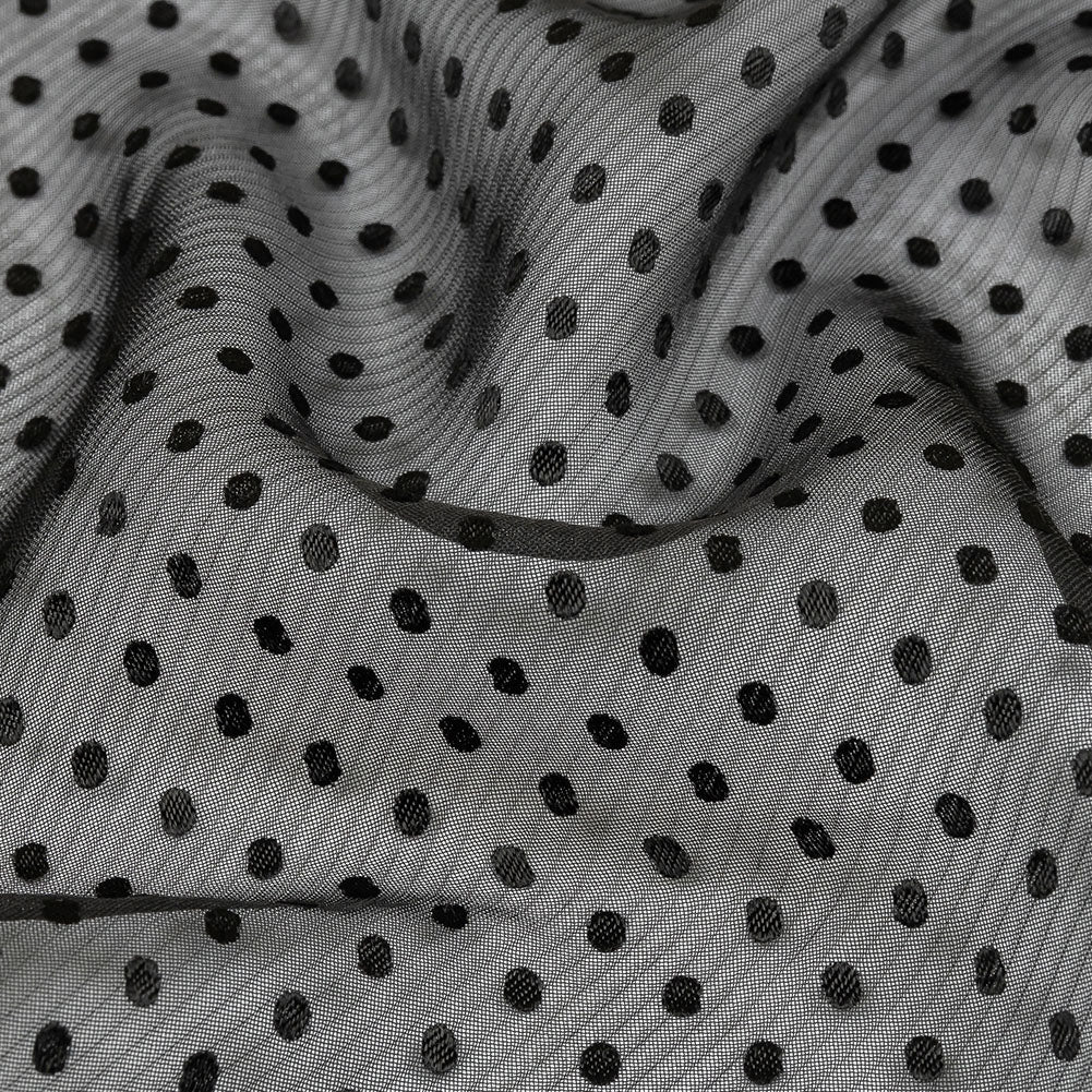 Famous Australian Designer Black Onyx Embroidered Dots and Diagonal Stripes Polyester and Viscose Chiffon Detail