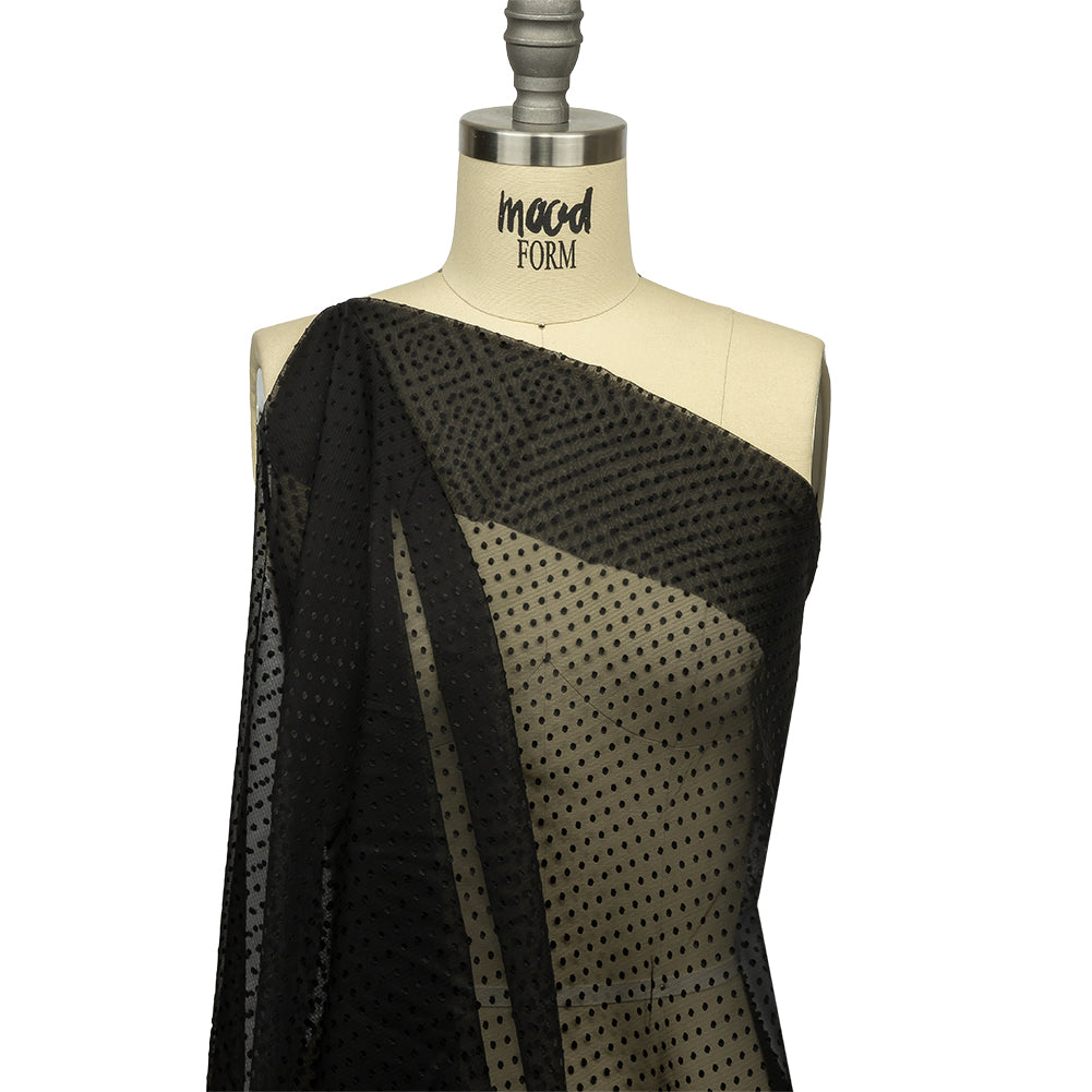 Famous Australian Designer Black Onyx Embroidered Dots and Diagonal Stripes Polyester and Viscose Chiffon Drape