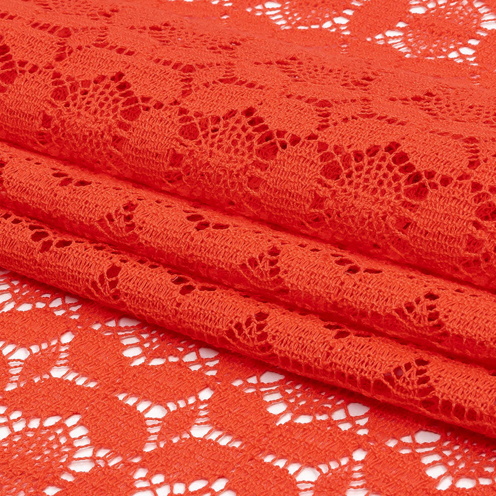 Famous Australian Designer Hot Coral Geometric Floral Cotton and Nylon Crochet Lace Folded