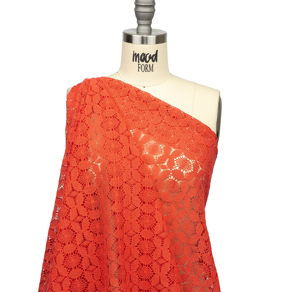 Famous Australian Designer Hot Coral Geometric Floral Cotton and Nylon Crochet Lace Drape