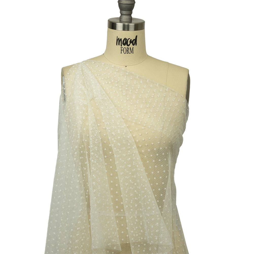 Famous Australian Designer Cream Flocked Polka Dotted Point D'esprit Drape