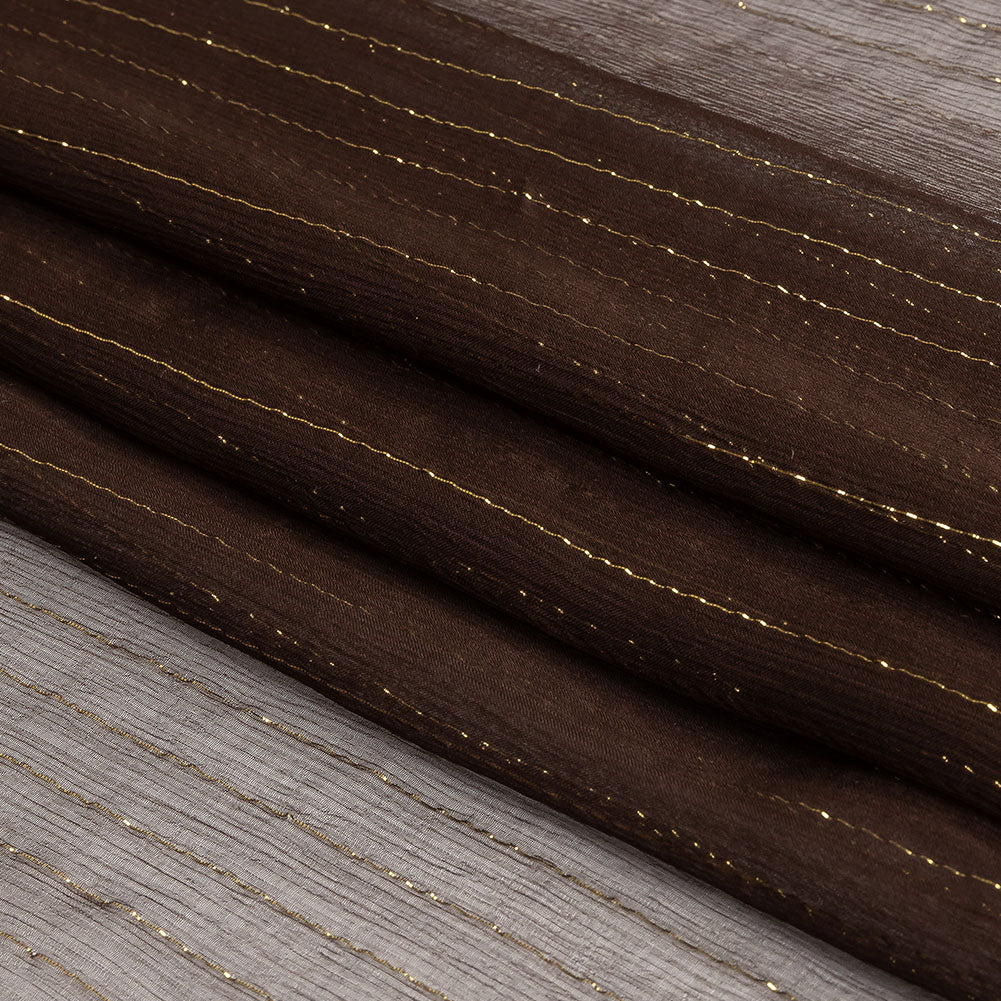 Famous Australian Designer Brown and Gold Metallic Pinstripes Crinkled Silk Chiffon Folded
