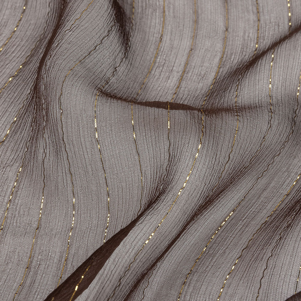 Famous Australian Designer Brown and Gold Metallic Pinstripes Crinkled Silk Chiffon Detail