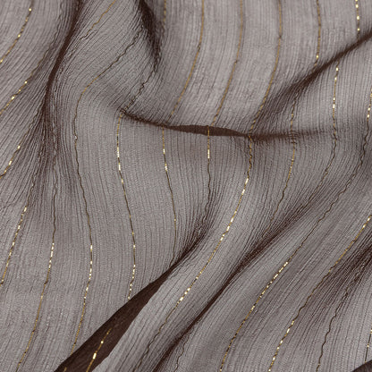 Famous Australian Designer Brown and Gold Metallic Pinstripes Crinkled Silk Chiffon Detail