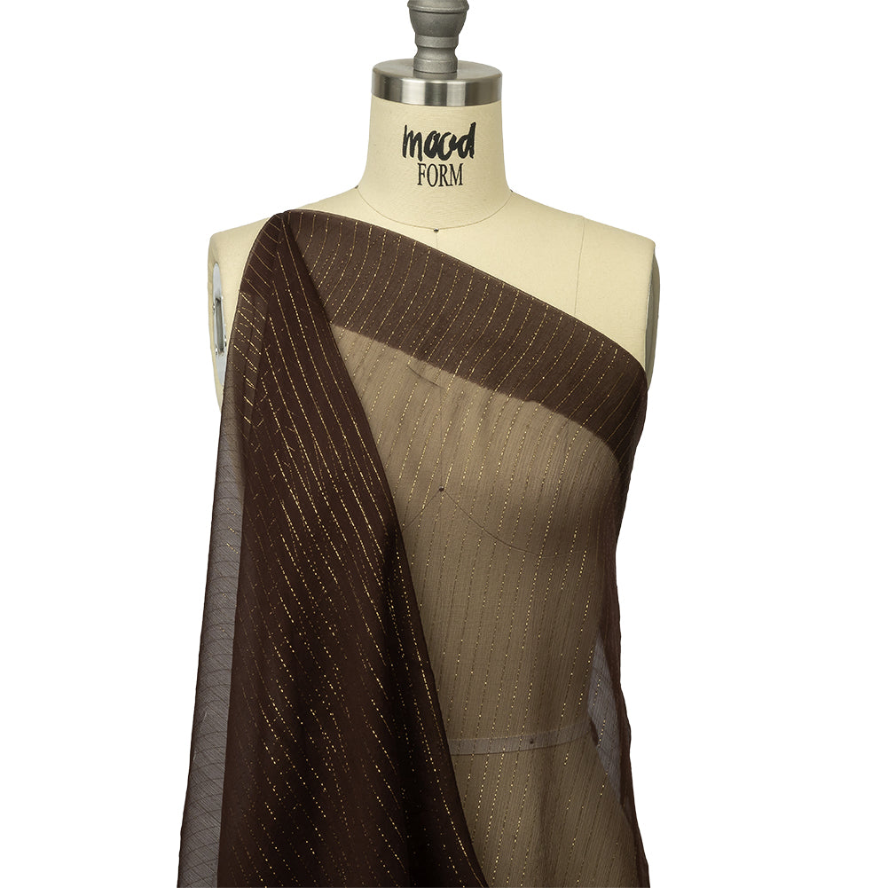 Famous Australian Designer Brown and Gold Metallic Pinstripes Crinkled Silk Chiffon Drape