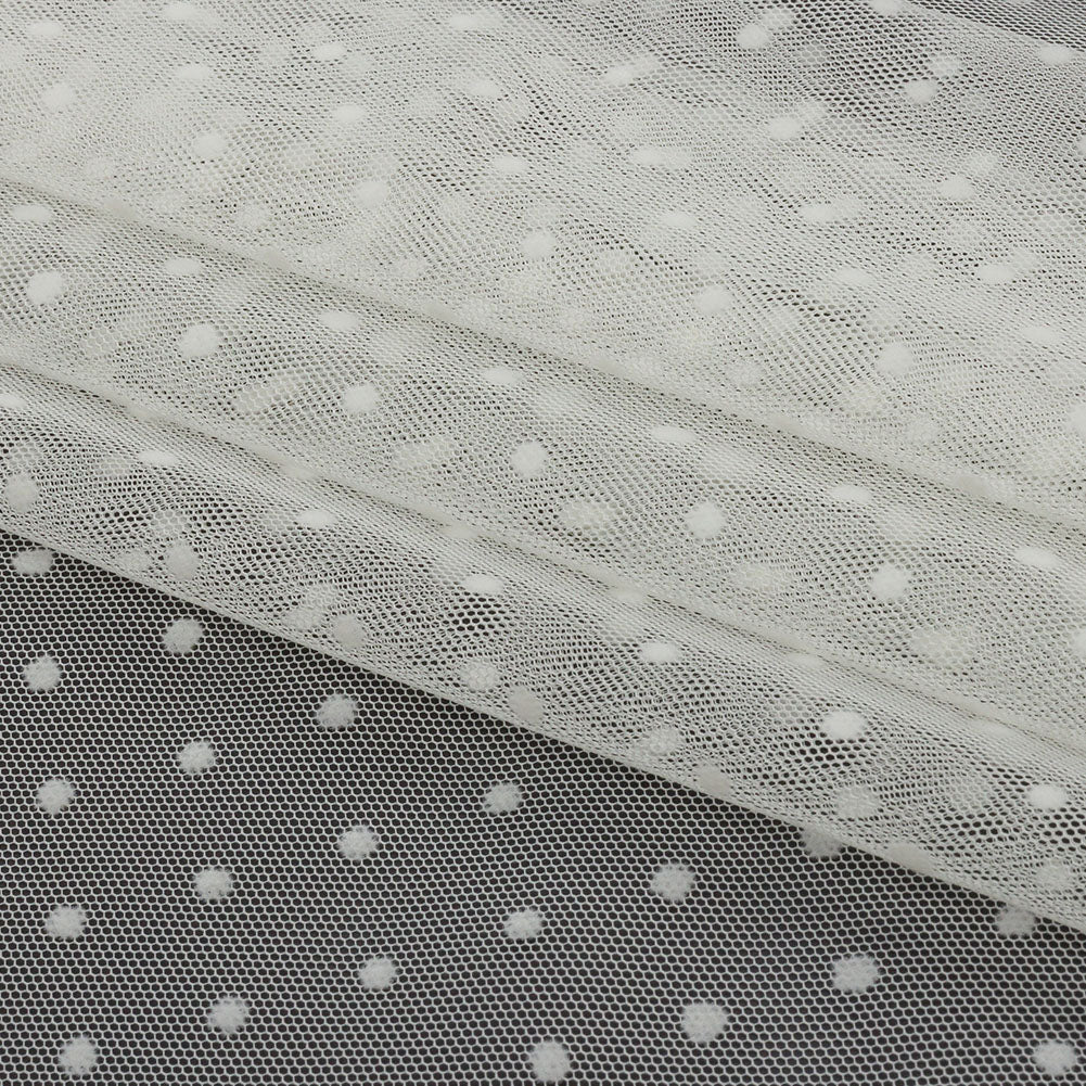 Famous Australian Designer Ivory Flocked Dots Polyester Mesh Folded