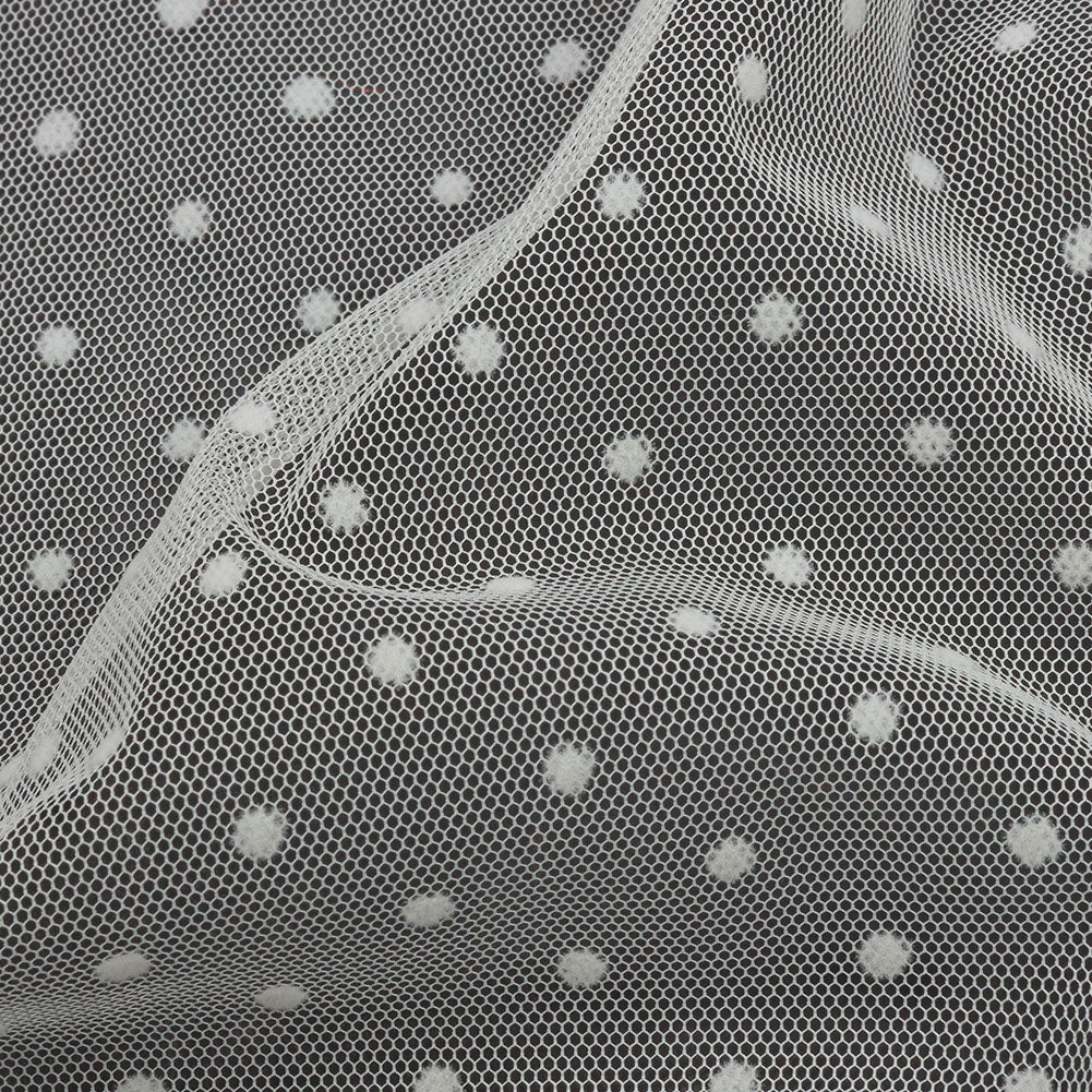 Famous Australian Designer Ivory Flocked Dots Polyester Mesh Detail