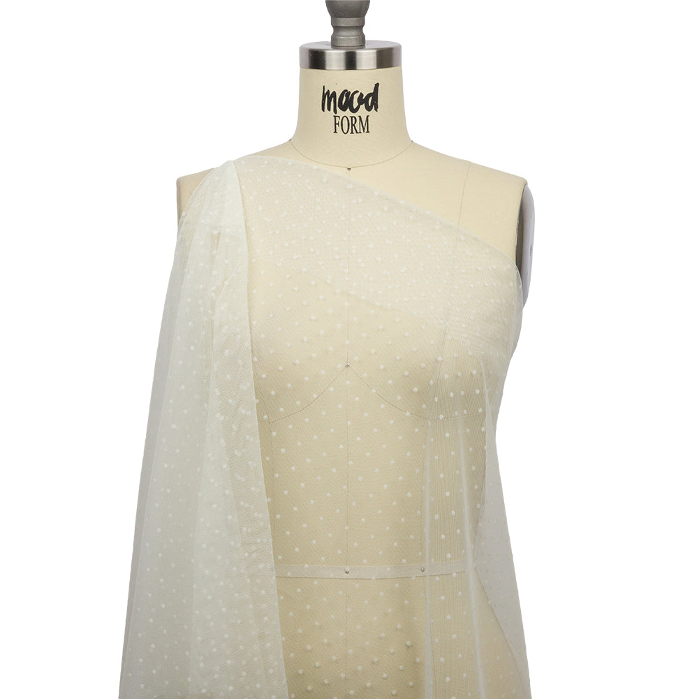 Famous Australian Designer Ivory Flocked Dots Polyester Mesh Drape