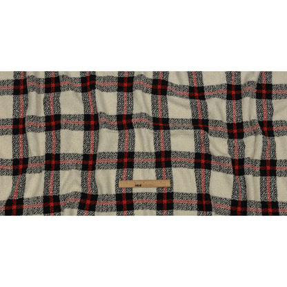Famous Designer Cream, Black and Red Plaid Blended Wool Boucle Coating