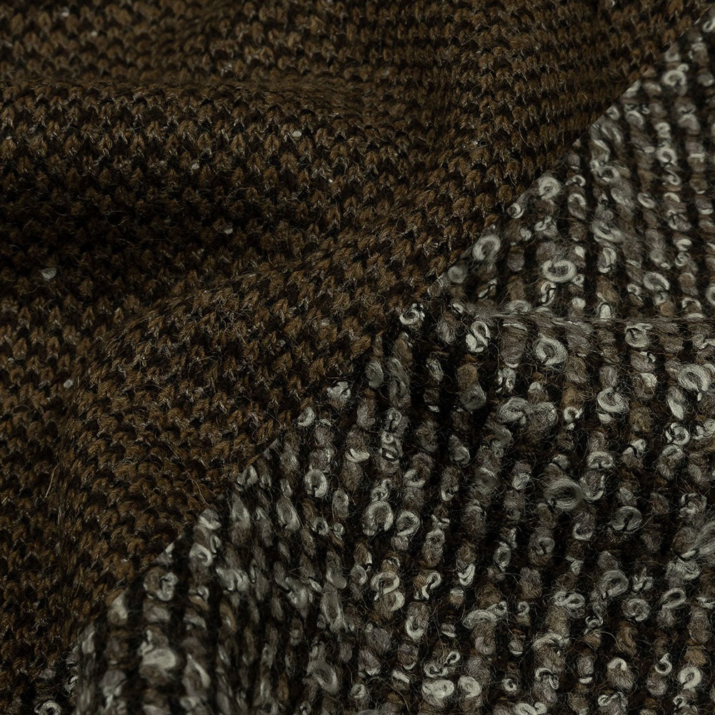 Famous Designer White, Brown and Taupe Striped Blended Wool Knit Boucle Detail