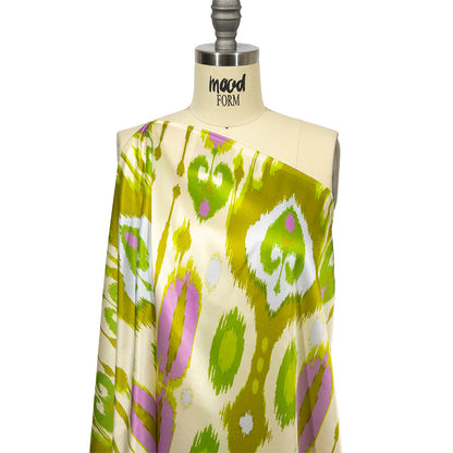 Italian Kiwi, Orchid and Beige Ikat Diamonds Silk Charmeuse Detail